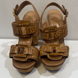Tory Burch Brown Croc-Embossed Sandals